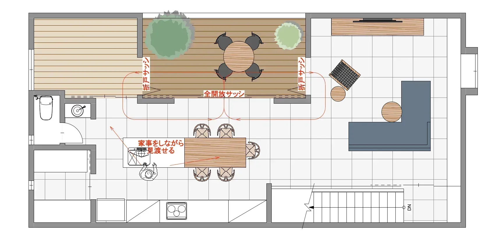 2階LDKとインナーバルコニーのプラン | House in chikusa